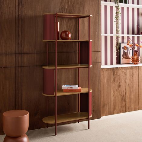 Etagère bibliothèque métal courbé et décor bois 5 niveaux rouge - Molto
