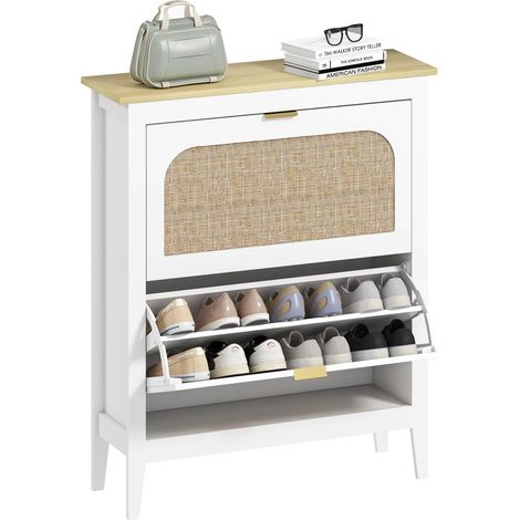 Meuble à chaussures 14 paires style Bohème avec 2 tiroirs discounts Ables, 80x24x95.5 cm, Blanc (1/5)