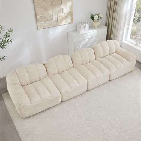 Sofá modular de 4 plazas beige blanco en forro polar granulado con diseño sin estructura y asiento profundo (1/5)