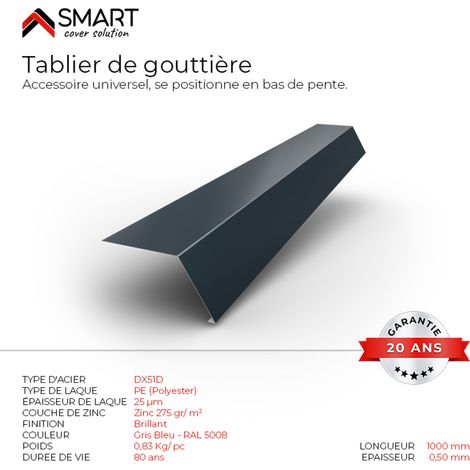 Tablier de gouttière - bac acier - tôle de couverture - Toiture -  Coloris Grey Blue RAL 5008 L=1m, épaisseur 0.50mm (1/2)