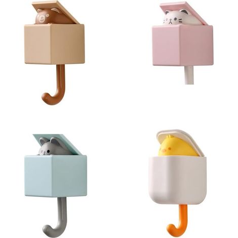 Gancho adhesivo creativo para abrigos, gancho para llaves con forma de gato, ganchos para mascotas de pared, gancho de decoración para el hogar para baño/dormitorio/cocina (4 piezas) (4 piezas B) (1/5)