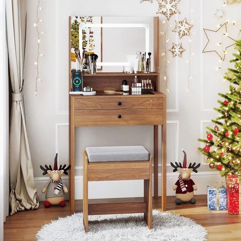 COSTWAY Toeletta Trucco con Luci LED e Sgabello Imbottito, Specchiera con Stazione di Ricarica e Luminosità Regolabile, Set Consolle Trucco con Piano in Vetro Temperato e 2 Cassetti (Naturale) (1/5)