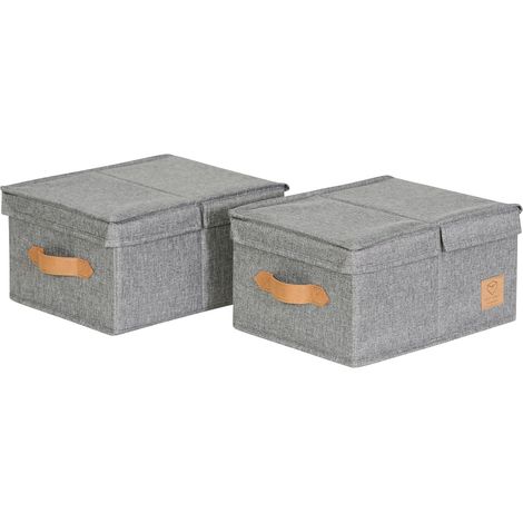 Boite de rangement avec couvercle - Lot de 2 - Tissu en lin - Petite boite rangement - Gris - Dimensions chacune 33x25x16 cm (1/5)