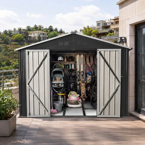 MODFU – Casetas de jardín de metal 300x248,6 cm con techo a 2 aguas, puertas dobles, aireaciones, marco de suelo y antióxido – Negro (1/5)
