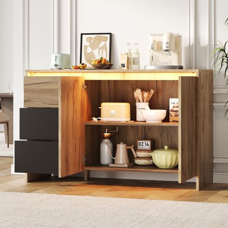 Buffet de cuisine 120x76x40cm, meuble de rangement bahut pour salon et salle à manger, avec LED multicolore et 3 tiroirs 2 portes , Naturel et Noir (1/5)