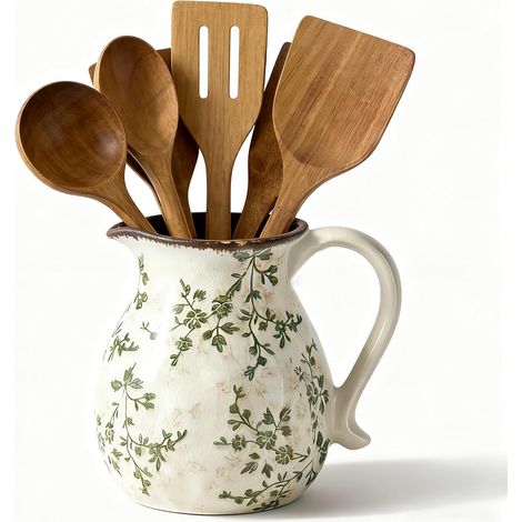 Soporte de cerámica para utensilios: organizador de encimera de cocina de 15,5 cm con asa - Recipiente rústico de estilo granja para cucharas, espátulas y cucharones. (1/5)
