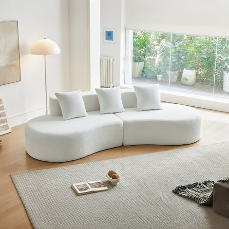 Canapé d'angle incurvé moderne, tissu bouclé, canapé compressible 3 places, confortable et élégant pour salon et appartement, montage facile, blanc