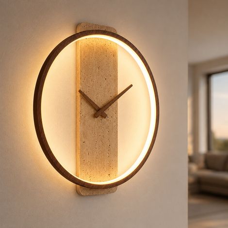 Horloge murale LED Salon Blanc chaud Métal Marbre Aspect pierre H 35 cm (1/5)