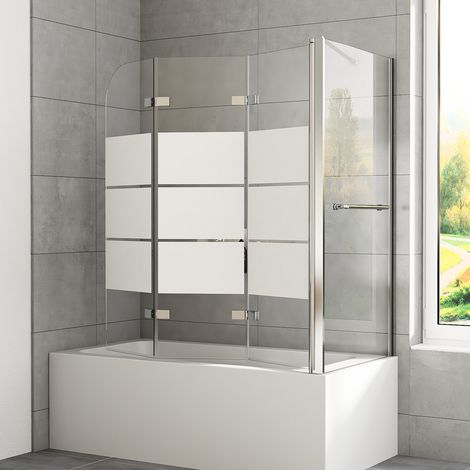 Badewannenaufsatz mit Gestreift 75 x 120 x 140cm Duschwand für Badewanne 6mm ESG Glas Badewanne Duschwand Faltbar Duschtrennwand Badewanne mit Seitenwand 3-teilig Faltwand (1/5)