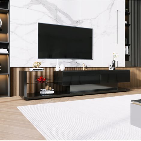 Mobile TV nero lucido 170 x 36 x 38 cm con 2 cassetti, 2 ripiani in vetro e LED DESVIAE (1/5)