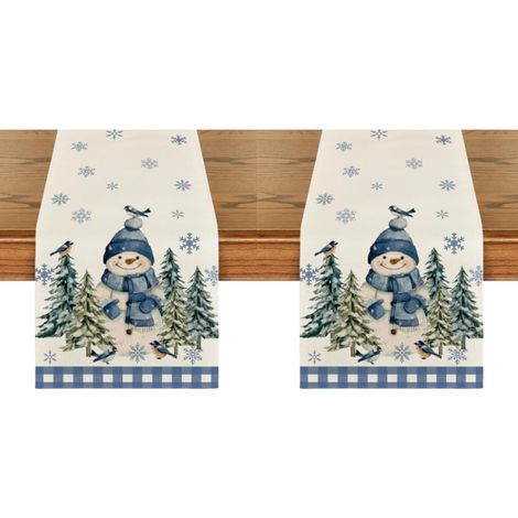 Camino de mesa con muñeco de nieve azul, 33 x 183 cm, decoración navideña de mesa con estampado de cuadros búfalo, copos de nieve y pájaros de pino (2 piezas) (1/2)