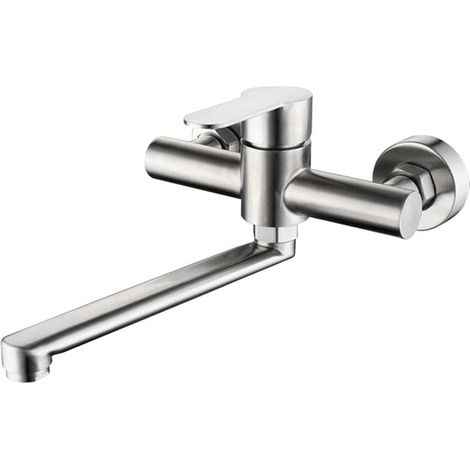 Silberner Küchenhahn zur Wandmontage, 360° schwenkbarer Spültisch-Mischbatterie, Wandmontage, verdeckter Einhebelmischer, gebürsteter Edelstahl, 225 mm Auslauf