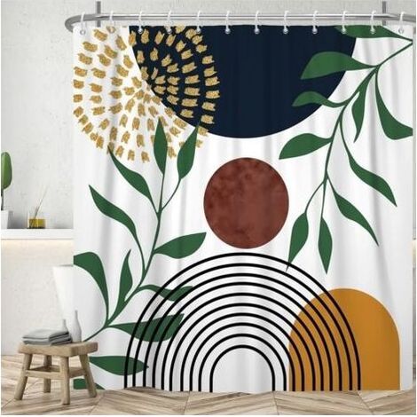 Rideau de douche imperméable et anti-moisissure 180 x 180 cm, motif feuilles géométriques bohèmes, tissu polyester lavable, avec 12 crochets (1/5)