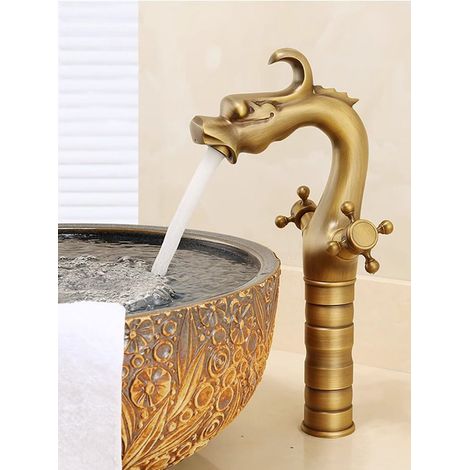 Robinet de Salle de Bain de Lavabo Haut en Laiton Antique, Double Poignée Mitigeur de Lavabo Bronze Vintage, Rétro Tête de Dragon Robinets de Lavabo D'eau Chaude et Froide