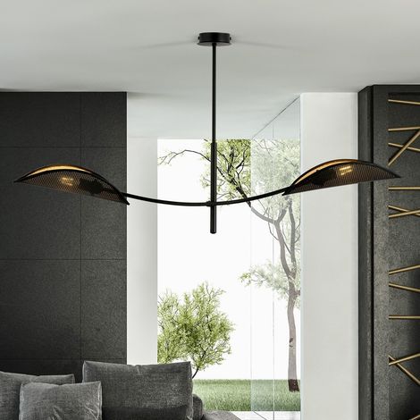 Lampada a Sospensione Fiore di Loto, Acciaio verniciato a polvere, Tessuto, Nero, Oro, 103x60x11 cm