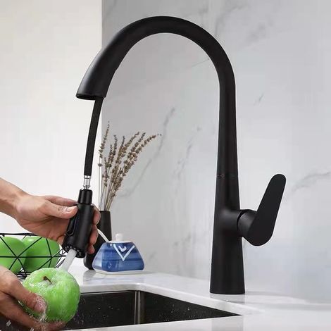 Küchenarmatur mit zwei Wasserstrahlarten und ausziehbarer Brause, moderne Küchenarmatur aus mattschwarzem Edelstahl (1/5)