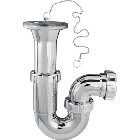Sifón curvo metalizado con válvula extensible, tapón y cadena, salida horizontal R-56L - RIUVERT Medidas: 1.1/4" (1/2)