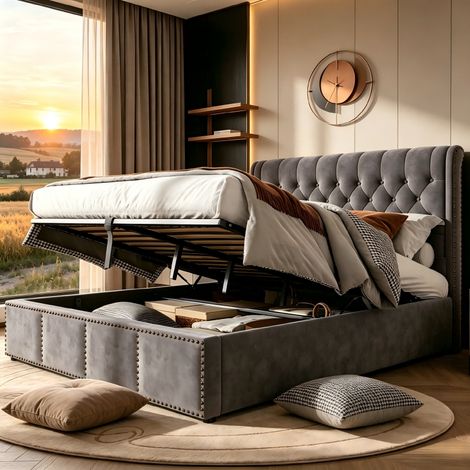 Lit Coffre 160x200 cm avec barre de maintien pour matelas, lit double fonction hydraulique, lit rembourré, Matelas Non Inclus, Velours, Gris, MDF, pour Adolescents et Adultes