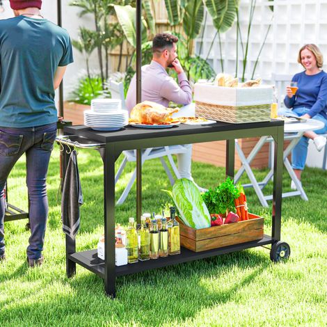Desserte de jardin en acier chariot de service à roulettes avec plan de travail 135 x 55 x 86.5 cm noir