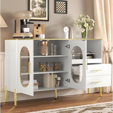 Aparador 140x38x90 cm blanco en MDF con 2 cajones, 2 puertas de vidrio y pasacables (1/5)