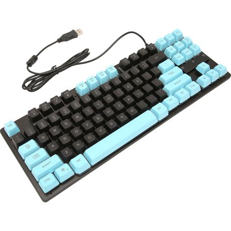Clavier de jeu filaire 87 touches, design ergonomique rétroéclairé couleur, accessoires pour ordinateur de bureau et portable, bleu et noir