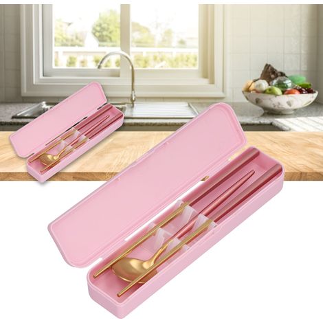 Ensemble de couverts portables en acier inoxydable, comprenant une cuillère, une fourchette et des baguettes pour étudiant, ensemble portable deux pièces, or rose. (1/5)