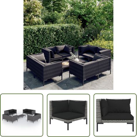 9 pcs Salon de jardin, Ensemble table et chaises de jardin, Meuble de jardin avec coussins Résine tressée Gris foncé MKW849477 (1/5)