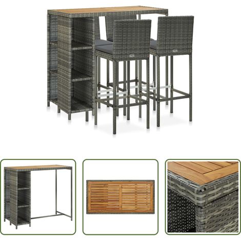 Barhocker - 5-tlg. Gartenbar-Set mit Kissen Poly Rattan Grau (1/5)