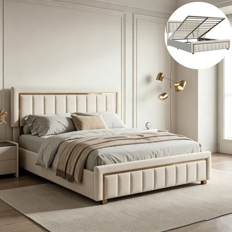 Letto contenitore 140x190 cm, letto matrimoniale 140x190 con rete, meccanismo di sollevamento idraulico, rete a doghe, beige, velluto (1/5)