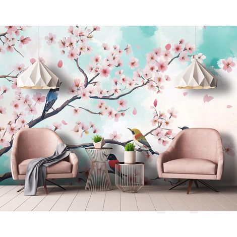 Fototapete Kirschblüten Vögel Zweige, für Wohnzimmer und Schlafzimmer, 300 x 210 cm – Komplettset inkl. Kleister & Anleitung (1/5)