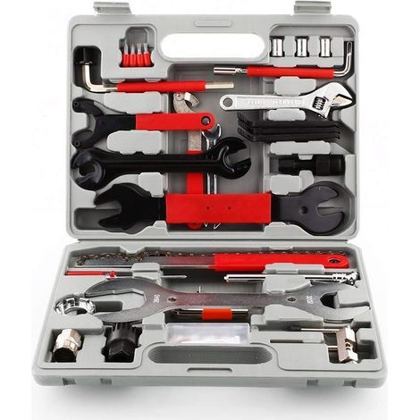 Kit reparation velo Boite à outils, 44 pcs, Coffret outils complet Accessoires Velo Vtt Vélo de course, Kit réparation pneu Derive chaine Outil pedalier pneu Accessoires vélo (1/5)