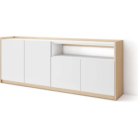 Aparador Algarrobo-01 de 207x80x37 cm con 4 puertas, color blanco y roble soft (1/4)
