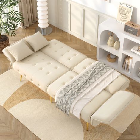 Canapé-lit deux places multifonctionnel avec fonction couchage et accoudoirs réglables multipositions. Canapé-lit moderne pour salon – tissu velours. Offre un espace de couchage spacieux. (1/4)