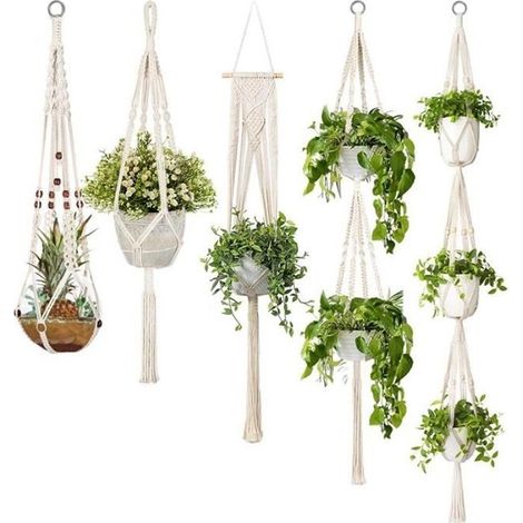 Lot de 5 cintres pour plantes en macramé, coton naturel beige, réglables en hauteur, idéaux pour suspensions intérieures et balcons (1/4)