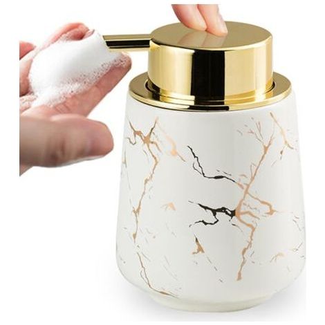 Seifenspender aus weißem Keramikschaum, 380 ml, Marmormuster mit großem Pumpkopf, Badezimmerspender, nachfüllbar für Shampoo, Lotion, Handseifenspender. (1/5)