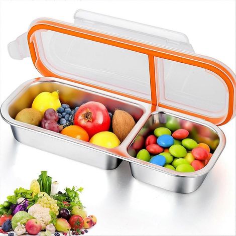 Boîtes à goûter réutilisables avec couvercles, en acier inoxydable, à double compartiment. (1/5)