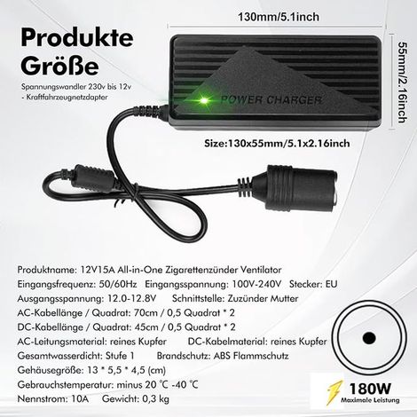 Convertitore di tensione da 230V a 12V – Adattatore da rete 180W 15A con presa accendisigari, trasformatore AC DC per aspirapolvere auto, compressore, mini frigo, accessori auto (1/3)