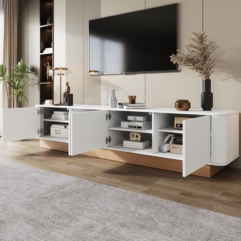 Mueble TV de 200 cm con 4 puertas acanaladas, estantes ajustables y pasacables, MDF blanco, OKWISH (1/5)