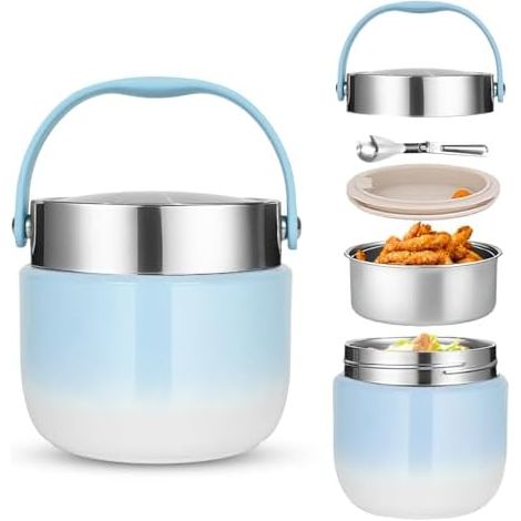 Récipient isotherme pour aliments 1200ML,Boîte à lunch avec couvercle,Récipient de maintien au chaud en acier inoxydable avec cuillère pliable,pour le stockage de farine,soupe,déjeuner,fromage (Bleu) (1/5)