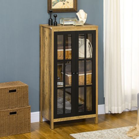 Buffet moderne 2 portes vitrées bois marron, 60x35x120 cm, meuble de rangement salon. (1/5)