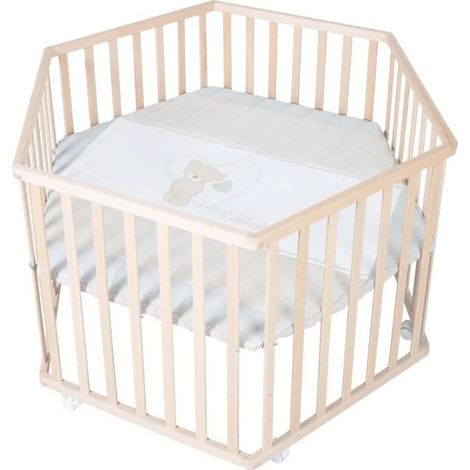 Parco per bambini esagonale - ROBA - LIEBHABEAR - Regolabile in altezza - Fondo sfoderabile - 6 Ruote con freno - Legno naturale - Motivo (1/5)