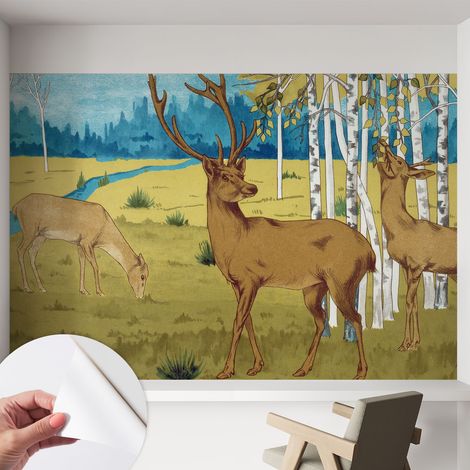 Papier peint adhésif autocollant pour salon chambre à coucher peint imprimé pour mur Harmonie forestière 152x104 cm (1/5)