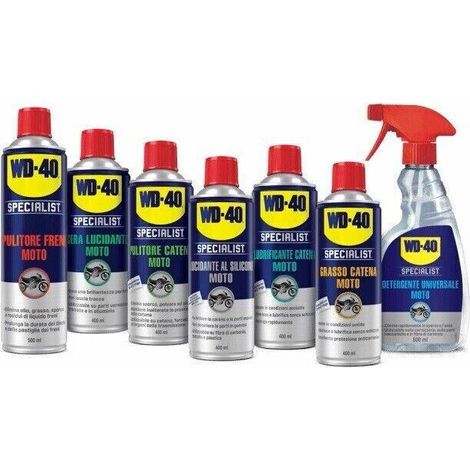Kit WD40 Manutenzione Moto Catena Cera Silicone Detergente Grasso Pulitore Freni (1/3)