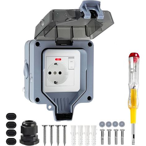 (Gris)Prise Extérieure Étanche IP66 avec Interrupteur et Témoin Lumineux LED, Résistante aux Intempéries, pour Jardin, Terrasse et Zones Humides, Fixation Murale (1/5)