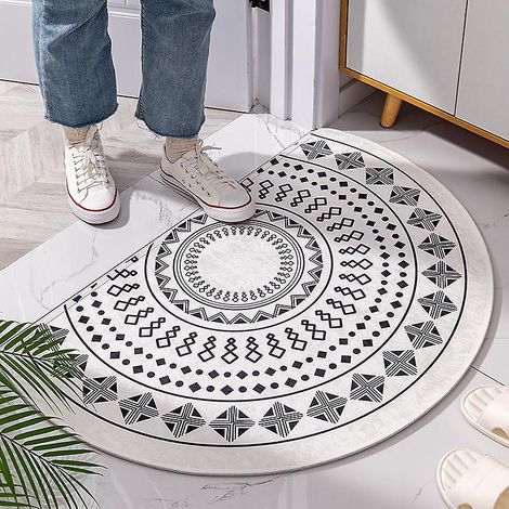 Tapis de porte demi-rond antidérapant 50 x 80 cm, facile à nettoyer, pour l'intérieur et l'extérieur, idéal pour la maison, le garage ou la terrasse. Blanc marocain B, 1 pièce.
