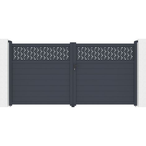 Cancello a battente L355 x H181 cm Alluminio semi pieno con motivi Antracite  - BAZIO