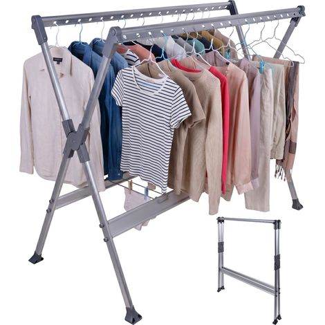 Séchoir à linge Relaxdays, télescopique pliable, H x l x P : 126,5 x 150-250 x 76 cm, pour cintres, argent (1/5)