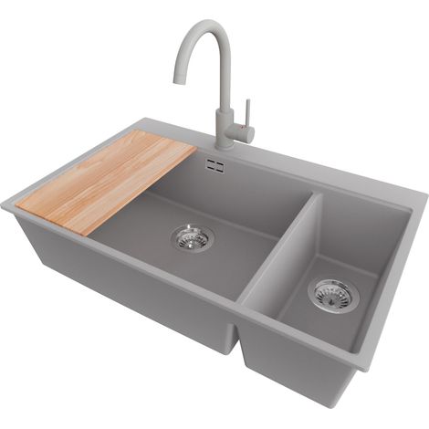 PRIMAGRAN Evier Cuisine en Granit 78x50cm, Lavabo 2 bacs + Robinet 32x20cm + Kit de Vidage + Accessoire, Évier à Encastrer au meuble 80cm - Oslo Duo, Gris (1/5)