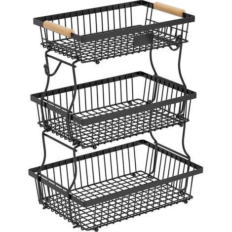 Panier de Rangement Empilable 3 Niveaux en Métal Noir, avec Poignées en Bois, pour Fruits, Légumes et Conserves, Organisation pour Cuisine et Garde-Manger