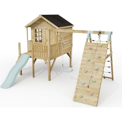 ClassicPlay Premium 5ft Playhouse on Deck with Single Swing, Slide and Climbing Wall Ice Blue (1/2)